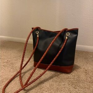 Bottega Veneta Leather Shoulder Bag Black Brown Woven Strap